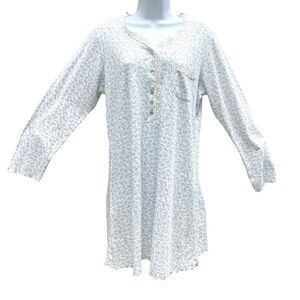 Eileen West Night Dress Knee Length Long Sleeve White Blue Cottagecore Floral M